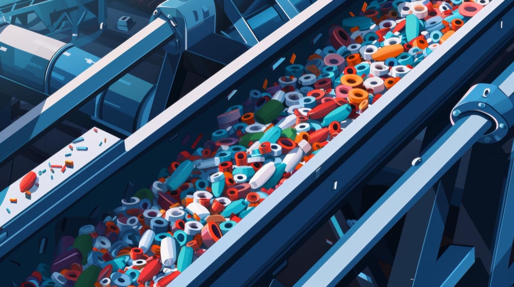illustration of a conveyor belt system used for sorting and recycling various materials, likely plastic
